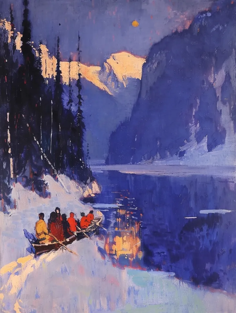 A group of people in red and yellow clothing are rowing a boat on a frozen lake at twilight. They are surrounded by tall, dark trees and a snow-covered landscape. A yellow moon hangs in the sky above a distant mountain range. The scene is painted in a painterly style with loose brushstrokes, creating a sense of movement and atmosphere.