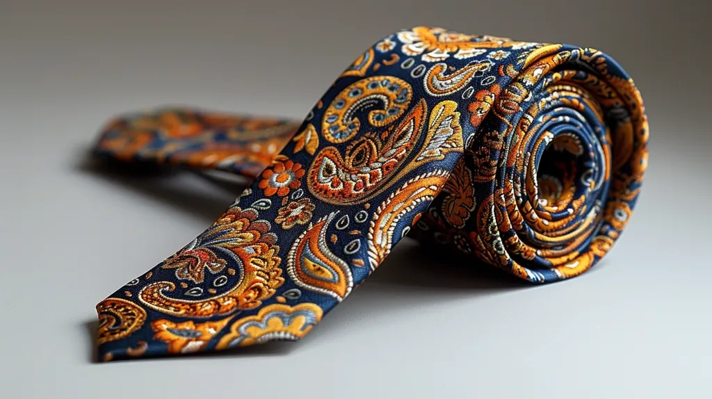 A paisley patterned tie is rolled up and laid out on a grey surface. The tie is predominantly blue with orange and cream colored paisley designs. The fabric is silky and the tie is folded neatly.  The tie is in focus and the background is blurred.  The image captures the elegance and detail of a well-crafted tie.