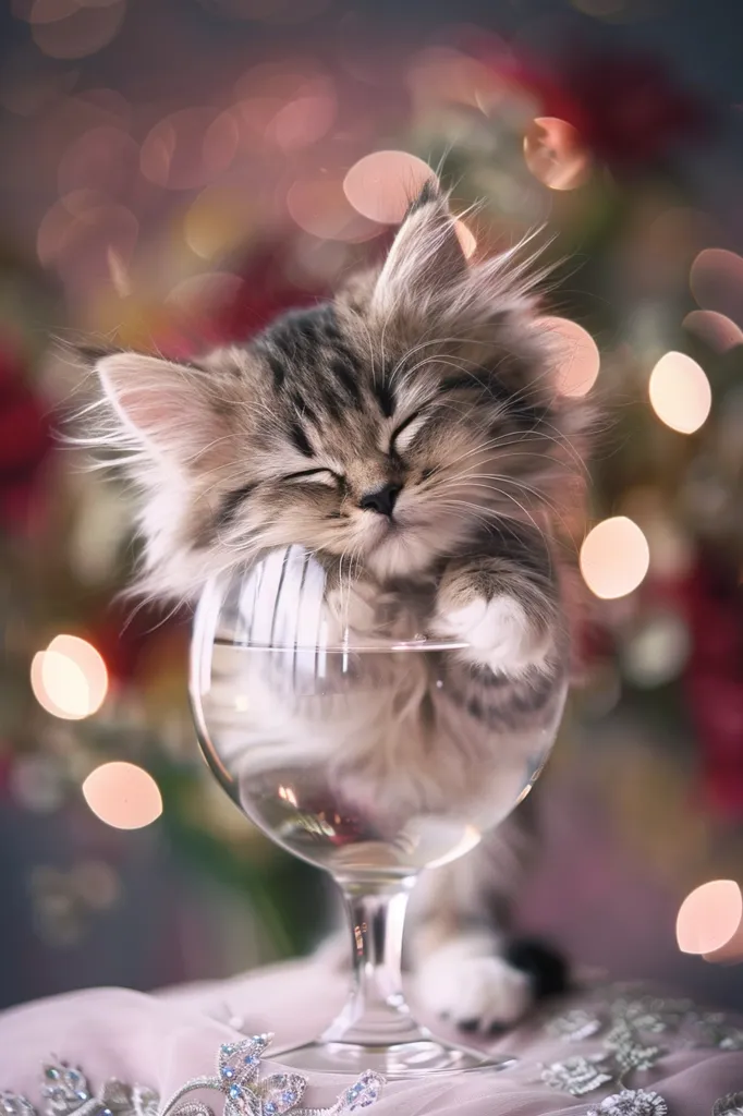 A small, fluffy kitten with its eyes closed is nestled inside a large wine glass. The kitten's paws are visible at the top of the glass, and the background is a blurry bokeh of warm, festive colors. The kitten appears to be sleeping peacefully, creating a whimsical and adorable image.