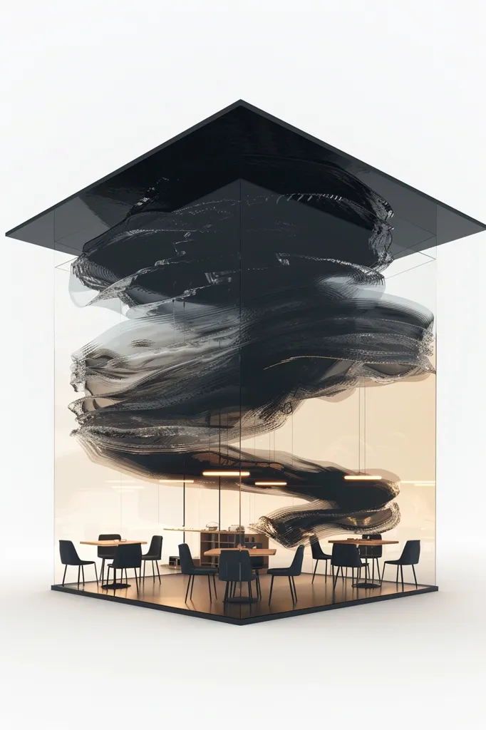 A glass cube with a black ceiling and a black and white abstract design on the inside. The cube contains a small cafe with tables and chairs. The chairs are black with upholstered seats and the tables are brown and round. The floor is brown and the walls are white. The lighting is provided by long, thin lights hanging from the ceiling. The abstract design is made up of a series of swirling lines that evoke a sense of movement and energy. The image is a beautiful example of modern and contemporary interior design.