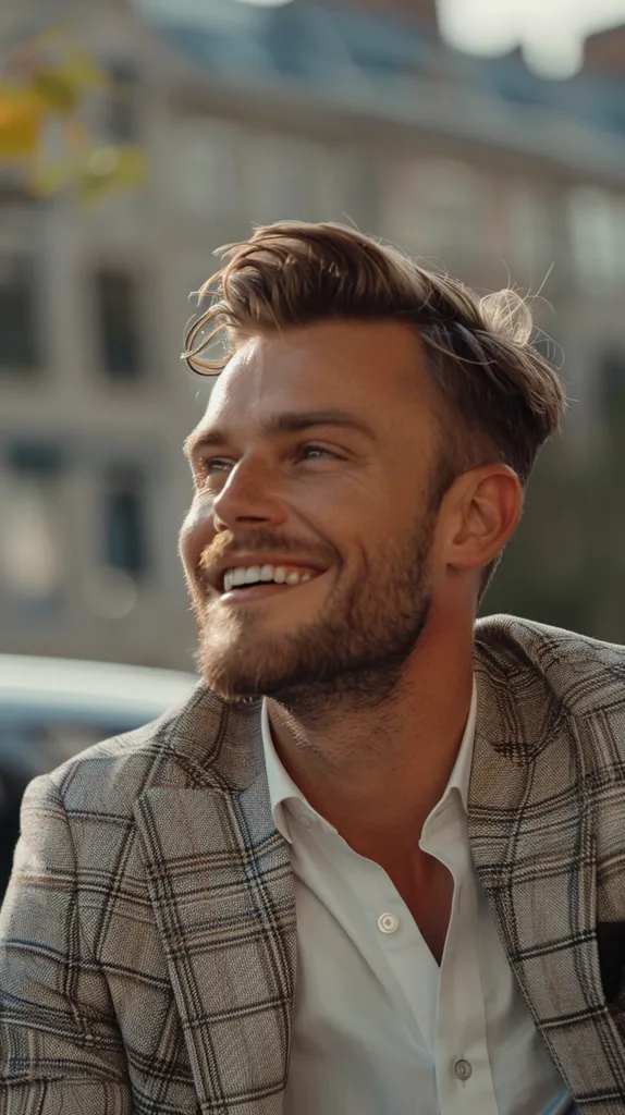 A young man with a neatly styled, short brown hair and a beard, is wearing a white button-down shirt and a plaid jacket. He is smiling brightly as he looks up. The background is out of focus, suggesting an urban setting. The overall image is one of confidence and happiness.