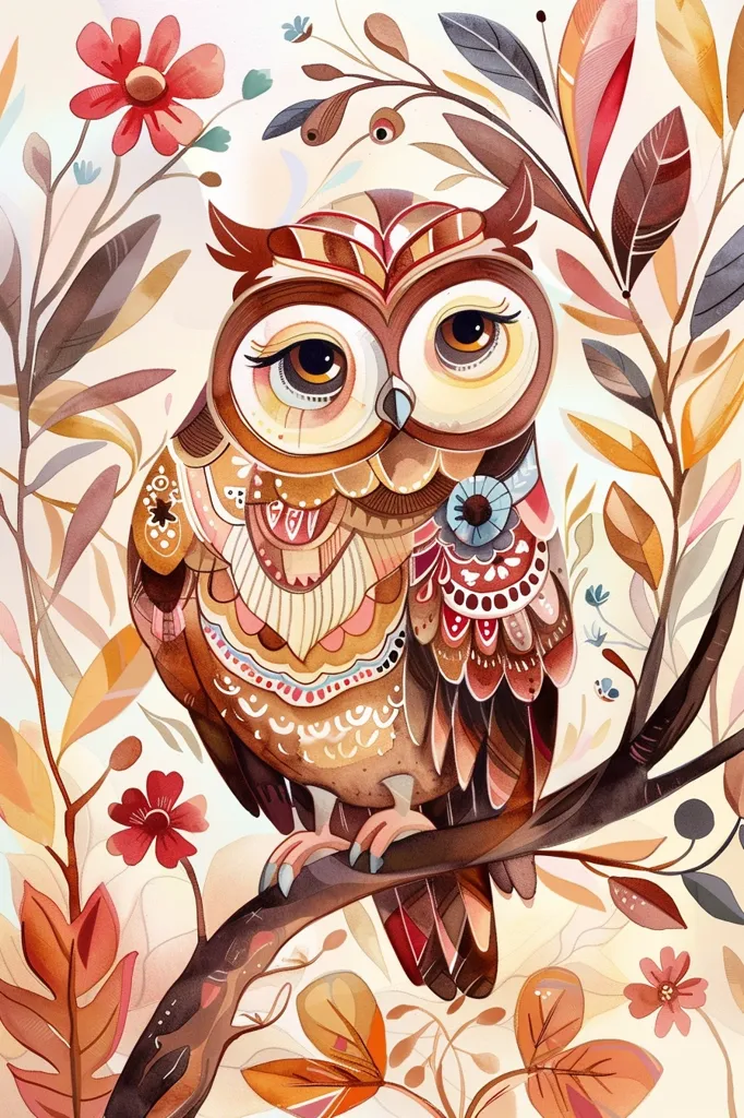 A stylized owl with large, expressive eyes perches on a branch amidst a whimsical autumnal landscape. The owl is adorned with intricate patterns of browns, reds, and blues, reminiscent of autumn leaves and flowers. The background is a soft, watercolor wash of warm hues, adding a dreamy and enchanting quality to the scene.