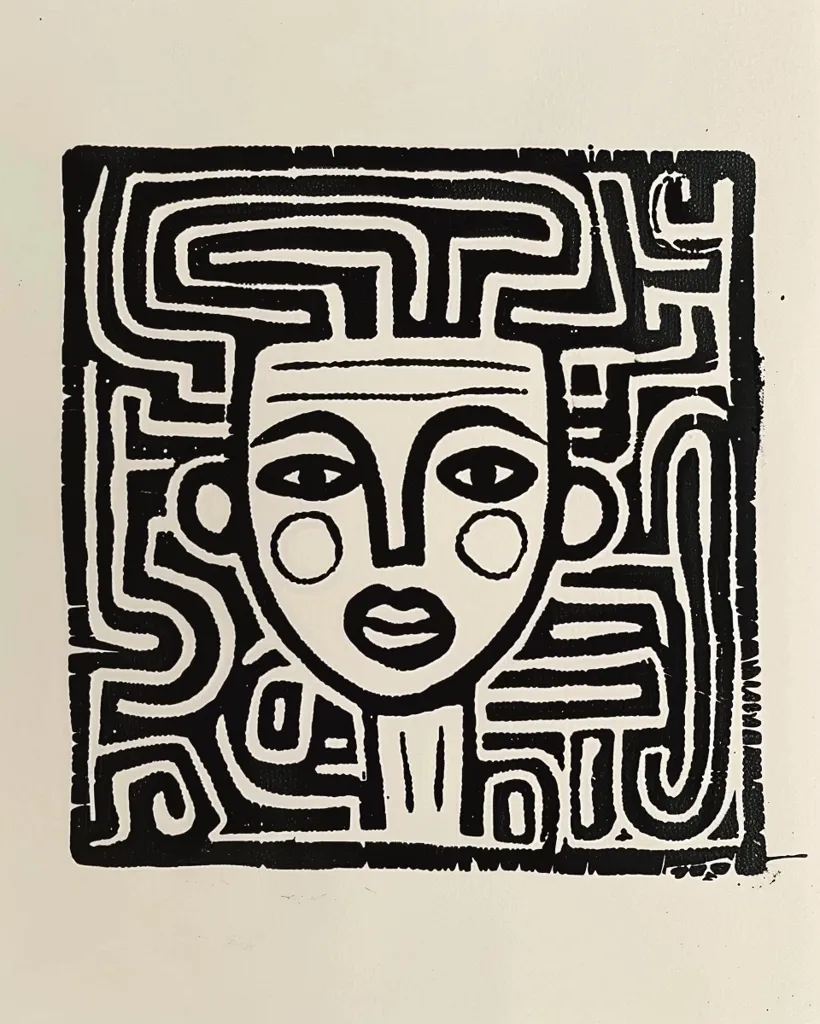 The image depicts a black and white abstract portrait of a person. The face is stylized with bold lines and shapes, surrounded by a complex maze-like pattern. The artwork appears to be a print, with a textured, slightly uneven surface. The use of black and white creates a stark contrast and emphasizes the bold lines and shapes of the portrait. The overall effect is a minimalist and visually striking portrayal of a person.