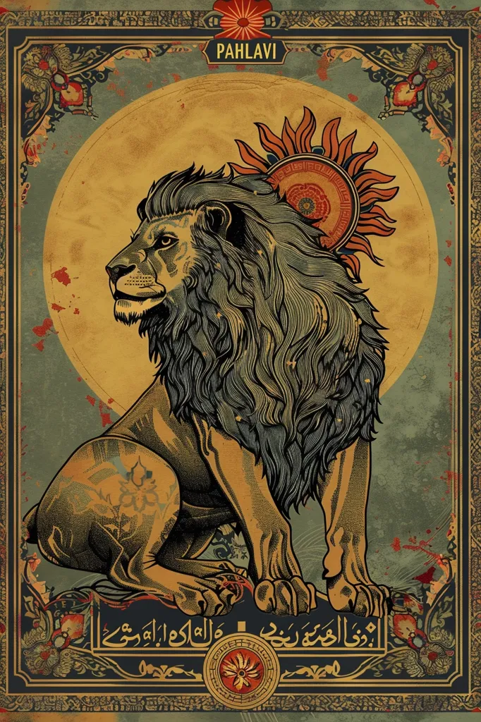 The image depicts a lion sitting in front of a large, yellow circle with a sunburst behind it. The lion is drawn in a detailed, almost engraved style, with a thick mane and powerful legs. The background is a mottled green and gold with ornate borders, and the word "PAHLAVI" is written at the top. The image is reminiscent of old, stylized posters or heraldry, and possibly represents a symbol of power and strength.