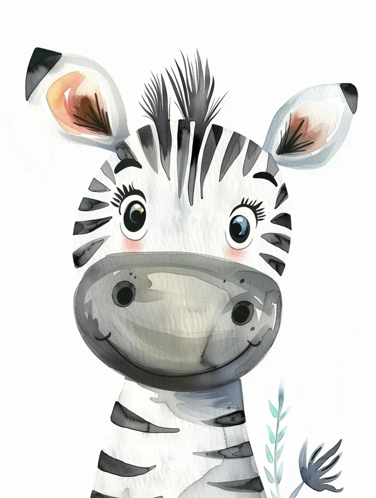 A watercolor painting of a cute, cartoon zebra with big, expressive eyes and a sweet smile. The zebra's black and white stripes are painted in a whimsical style, and there is a hint of greenery in the corner of the image. The zebra's face is turned towards the viewer, creating a playful and engaging composition. The overall style of the painting is lighthearted and charming.