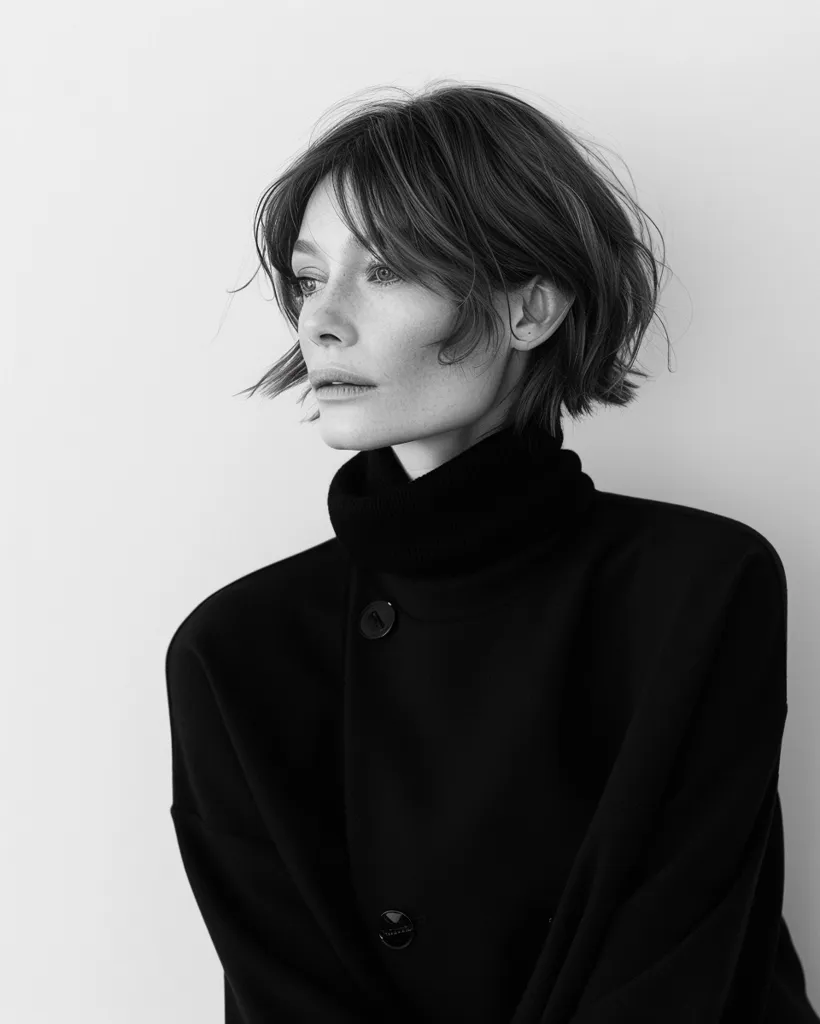 A woman with short, tousled hair, wears a black turtleneck sweater and coat. Her face is turned to the side, gazing off to the left. The image is in black and white, with a soft focus and a minimalist background. The woman's expression is contemplative and introspective.