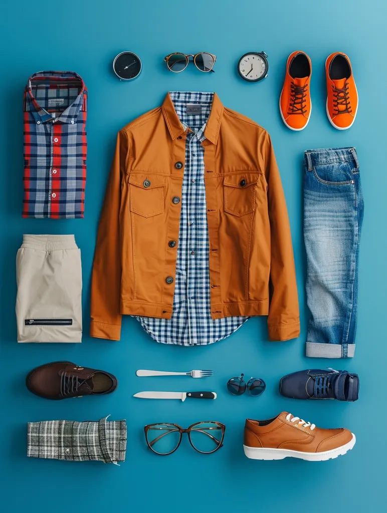 The image shows a flat lay of men's clothing items arranged on a blue background. The items include a brown jacket, blue jeans, a plaid shirt, khaki pants, two pairs of sunglasses, two pairs of shoes, a compass, a watch, a knife and a fork. The items are arranged in a symmetrical pattern and create a stylish and modern aesthetic.