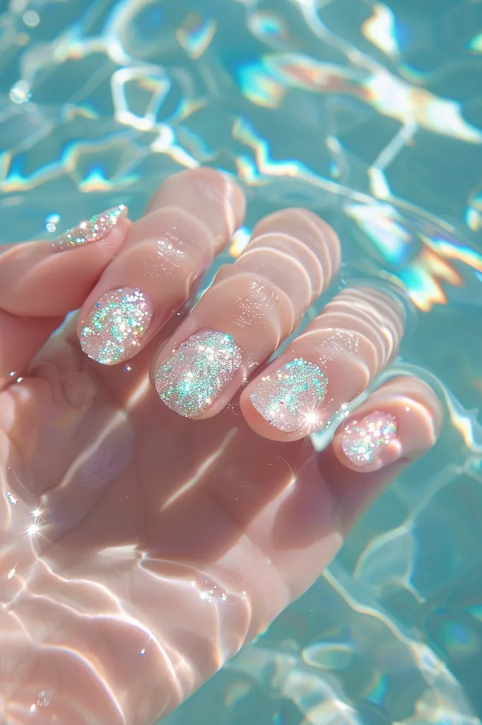 A hand with sparkly, light blue and silver glitter nail polish is submerged in clear, shimmering water.  The water is rippling and reflecting light, creating a beautiful and ethereal scene. The hand is positioned so that the nails are the main focus. The overall tone of the image is bright and cheerful, suggesting a summery day at the pool or beach.