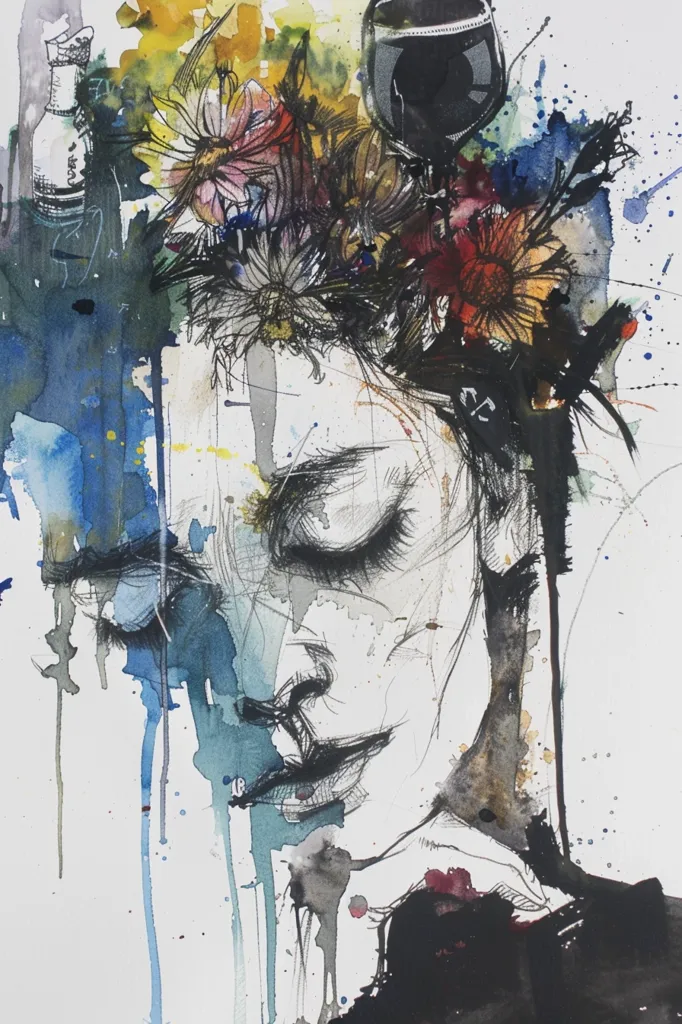 The image is a close-up portrait of a person with their eyes closed. The background is abstract with splashes of watercolor in blue, yellow, red, and black. A wine glass and a bottle of liquor are obscured by the person's hair. The painting is done in a style reminiscent of abstract expressionism.  The mood of the painting is contemplative and introspective.