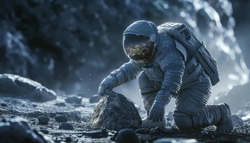 An astronaut in a white spacesuit kneels on a rocky, barren landscape.  The astronaut's visor reflects a blurry cityscape, perhaps an image of Earth from space. The scene is filled with a sense of solitude and exploration, highlighting the vastness of space and the human desire to reach beyond our planet.
