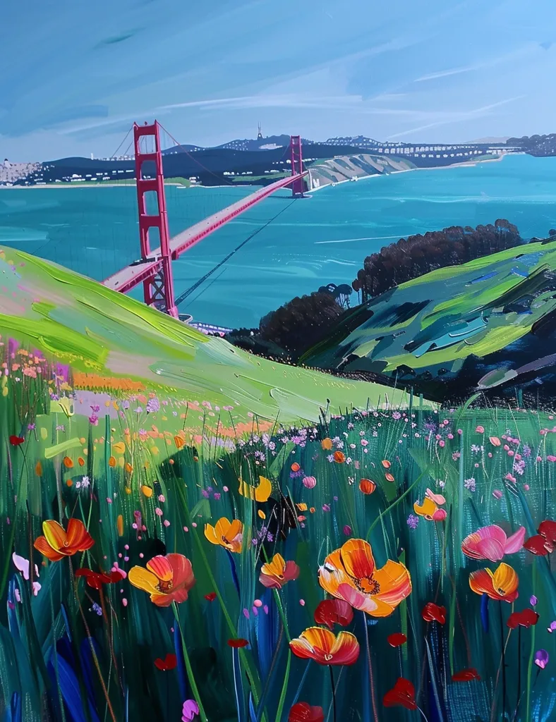 The painting depicts a vibrant field of wildflowers in the foreground, with the iconic Golden Gate Bridge spanning the turquoise waters of the bay in the background. The bridge, painted in bold red, stands out against the blue sky and lush green hills. A sense of tranquility and beauty fills the scene, inviting the viewer to admire the natural wonders of this iconic location.