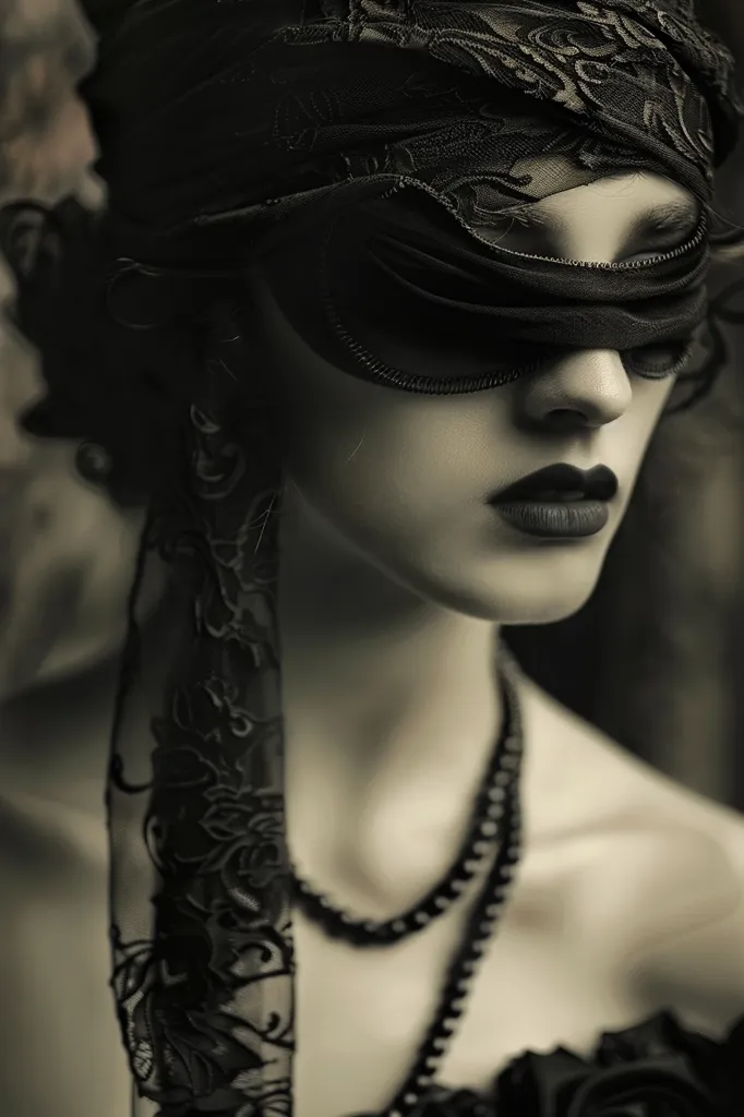 A woman with dark hair and a delicate, lace-covered mask obscuring her eyes. She wears a delicate black necklace and her lips are painted a dark shade. The image is shot in a soft, monochromatic style, giving it a mysterious and alluring feel.