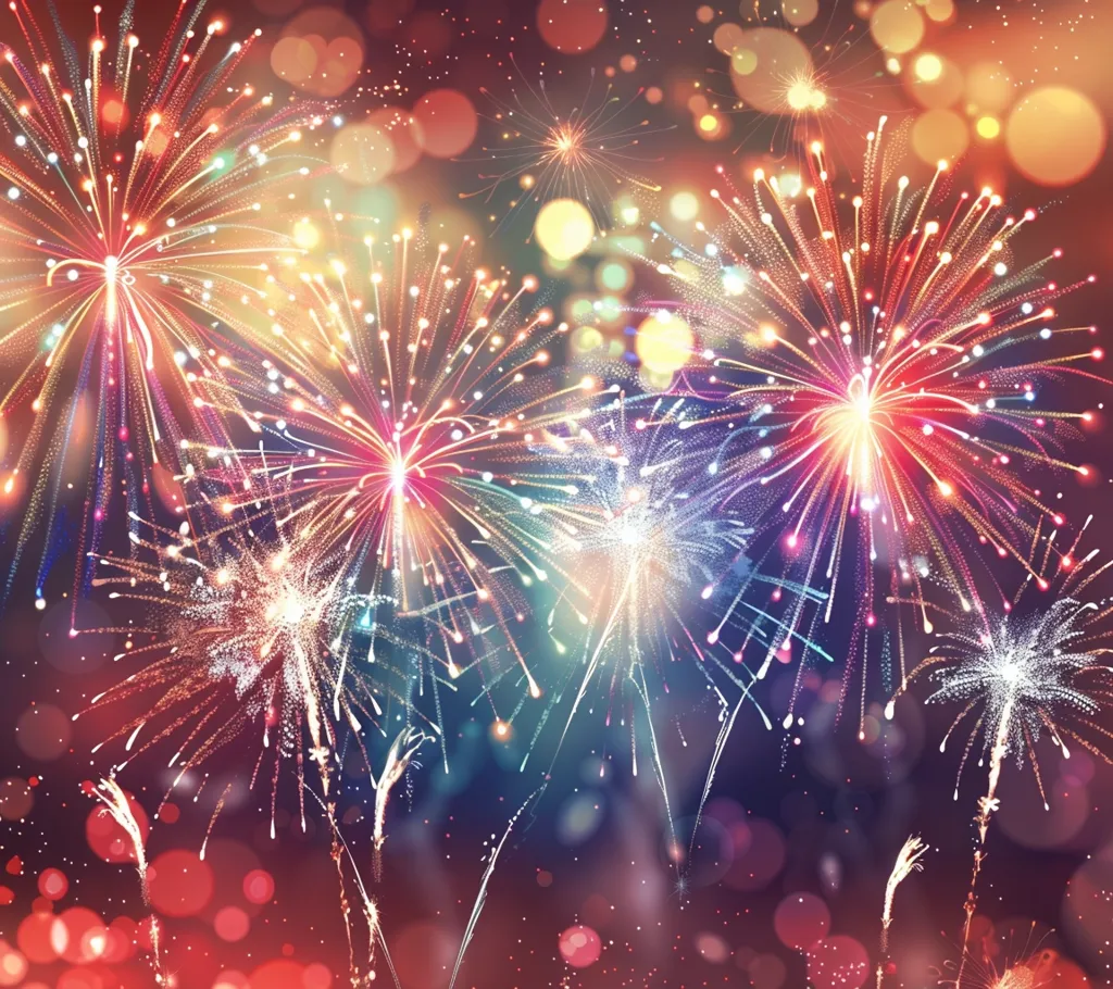 A vibrant display of fireworks explodes against a backdrop of twinkling lights and a dark, starry sky.  The fireworks burst in a kaleidoscope of colors, including red, white, and blue, creating a festive and celebratory atmosphere. The blurred bokeh effect adds to the magical ambiance of the scene.