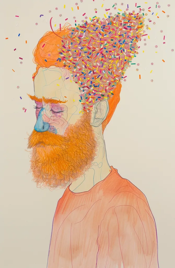 The image is a line drawing of a man with a red beard and a head full of colourful sprinkles. His eyes are closed and he appears to be in a state of meditation or deep thought. The sprinkles fall from his head onto a light background, creating a whimsical and surreal scene. The artist's use of line and colour creates a sense of both realism and abstraction, inviting the viewer to interpret the meaning of the image.  The image is likely a portrait, capturing a moment of quiet contemplation and introspection.