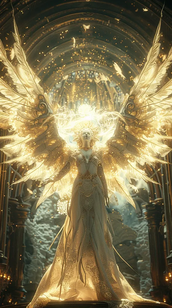 A female figure with large, golden wings stands in a grand, ornate hall. She is clad in a flowing white gown with intricate embroidery and her face is serene, bathed in a soft, golden light. The hall is filled with swirling dust and particles, creating an ethereal atmosphere. The image evokes a sense of wonder and otherworldly beauty.