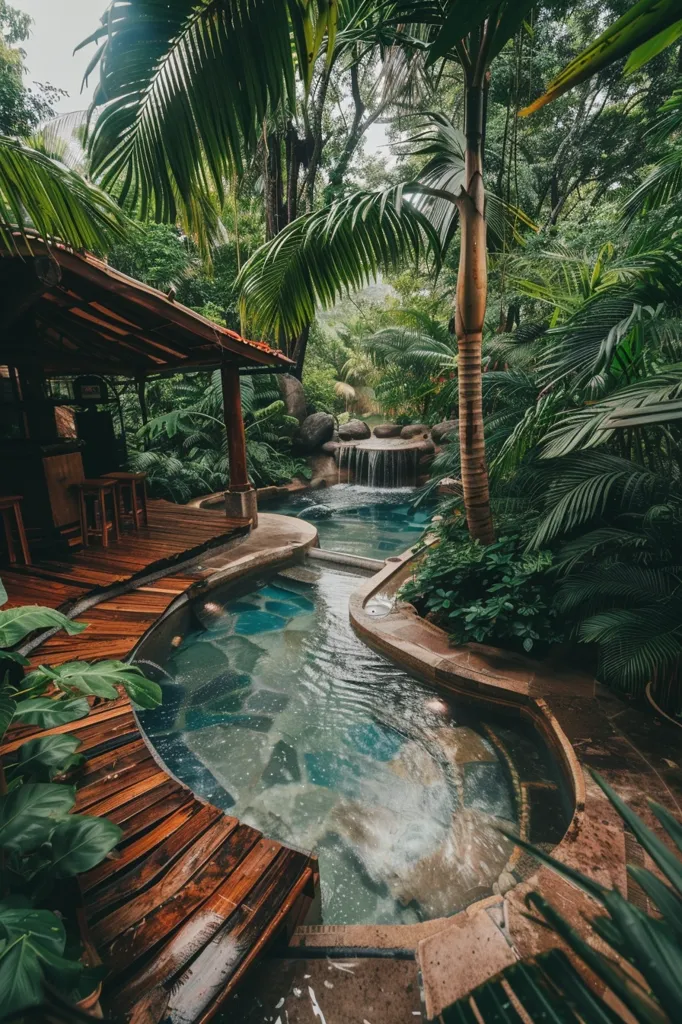 The image shows a lush tropical oasis with a winding pool surrounded by lush greenery and a wooden deck.  The pool is fed by a small waterfall cascading into the water.  The image evokes a sense of tranquility and relaxation.  The pool is surrounded by lush tropical vegetation and the air is filled with the sound of running water.  This is a perfect escape from the hustle and bustle of everyday life.