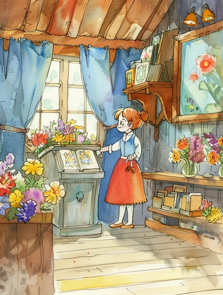 The image depicts a quaint shop with a wooden floor and walls, featuring a young girl in a red skirt standing by a counter adorned with colorful flowers. A window with blue curtains bathes the shop in soft sunlight, while a bookshelf filled with books and a framed artwork with floral patterns adorn the walls. The atmosphere is cozy and charming, suggesting a place brimming with stories and beauty.