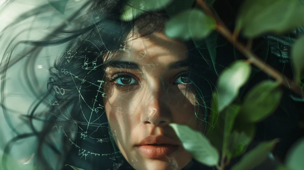 A close-up portrait of a woman with long black hair. Her face is partially obscured by green leaves and a blurry, white, swirling pattern that resembles a web or a constellation. Her eyes are large and expressive, and her lips are slightly parted. The overall effect is one of mystery and intrigue.