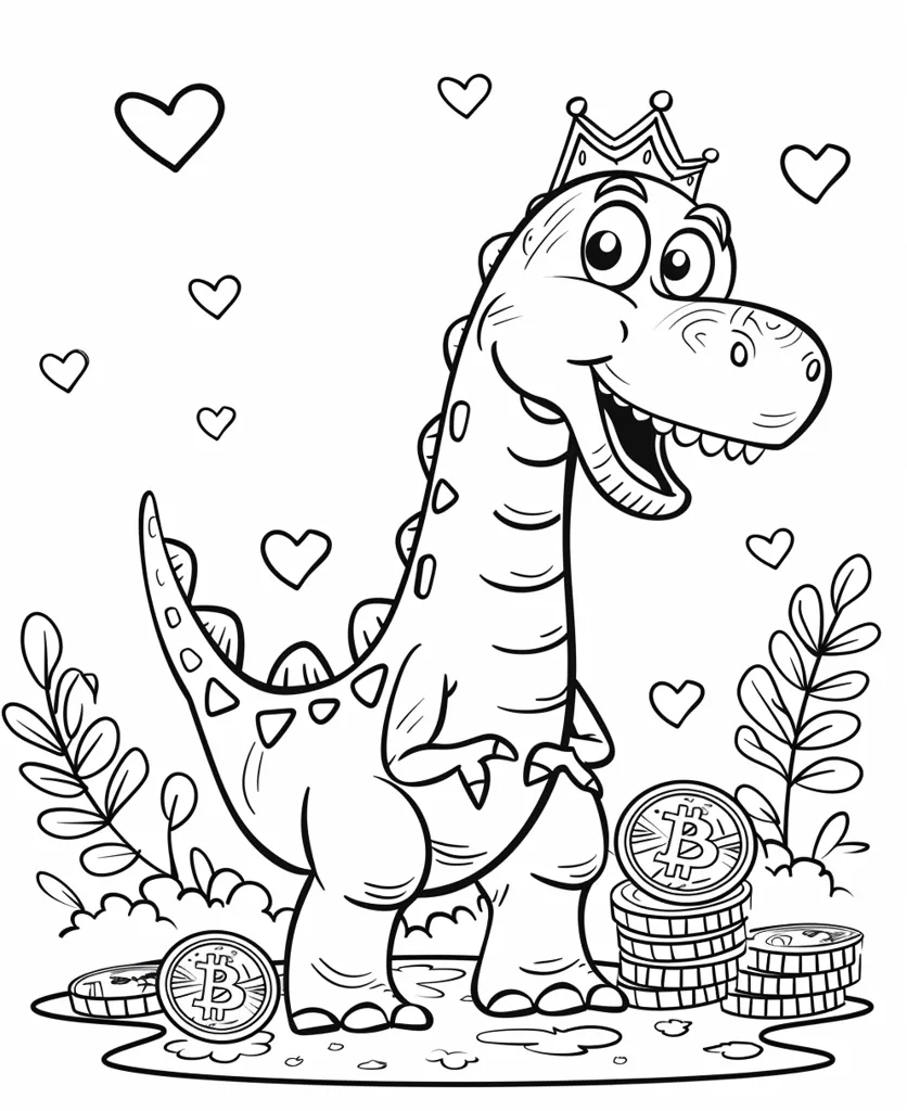 A cartoon dinosaur wearing a crown is standing on a pile of bitcoin coins. The dinosaur has a big smile and is surrounded by hearts. There are some plants in the background. The image is drawn in black and white. It's a cute and funny image that would be great for a coloring book.