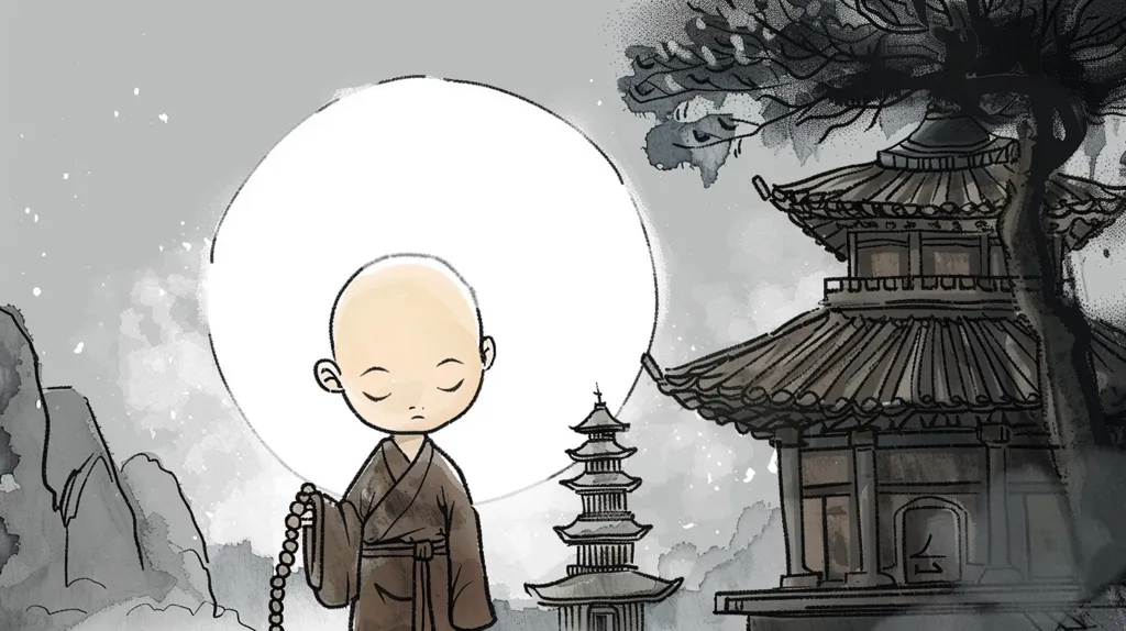 The image depicts a young monk in traditional robes standing in front of a large, ornate temple. Behind him is a full moon and a pagoda. The image is drawn in a simple, cartoon style with a watercolor wash. The scene is serene and peaceful, suggesting a moment of quiet contemplation.