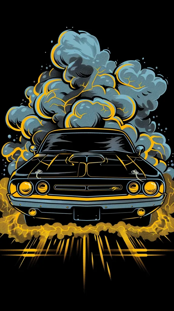 A black muscle car with yellow accents is depicted driving through a cloud of blue and yellow smoke. The car's headlights are bright and the smoke trails behind it. The image is stylized, with a comic book aesthetic. The car is set against a black background, which emphasizes its boldness and power.  The composition suggests speed and motion, as if the car is leaving a trail of smoke and energy in its wake.  The yellow lines in the background also suggest a sense of motion and speed.