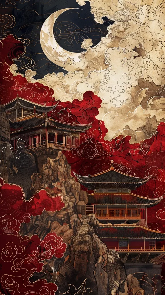 The image depicts a mystical scene with two traditional Chinese buildings perched on a rocky cliff. The buildings are intricately detailed with intricate wood carvings and golden accents. The sky is dominated by a large crescent moon and swirling clouds, rendered in shades of red and beige. The entire scene is enveloped in a sense of mystery and intrigue.