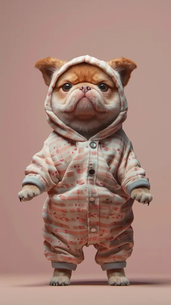 A small, brown and white dog is wearing a pink and white striped onesie with a hood. The dog is standing on a pink background, looking at the camera with a serious expression. The dog is cute and cuddly, and the onesie is a perfect fit. The dog is likely a pug or French bulldog, and it is enjoying wearing its stylish pajamas.
