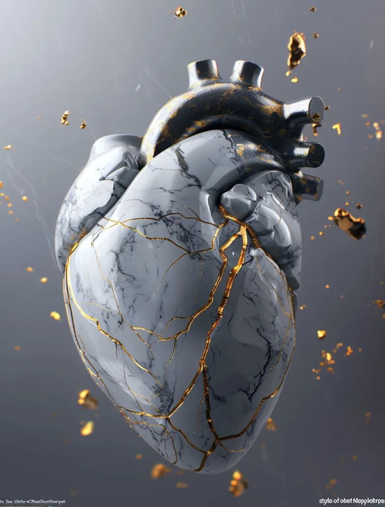 The image depicts a large, realistic, marble heart with gold veins. It is cracked and broken, suggesting a state of heartbreak.  Gold dust surrounds the heart, which hangs against a soft grey background. The contrast of the white marble, gold veins, and the grey background creates a dramatic and emotional effect.  The image suggests that even the hardest things can be broken, and that healing can leave scars.