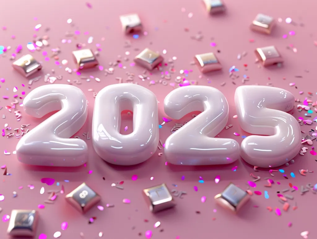 The year 2025 is spelled out in large, white, glossy letters against a pink background.  Pink, iridescent confetti surrounds the letters, creating a festive and celebratory atmosphere. The image captures the anticipation and excitement leading up to the new year.