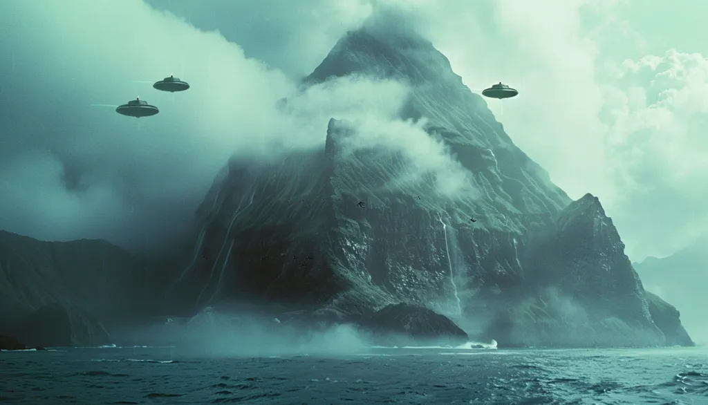 A majestic, mist-shrouded mountain rises from the sea. Three flying saucers hover above, their sleek shapes outlined against the cloudy sky. A sense of mystery and wonder fills the scene, suggesting an encounter between the known and the unknown.  The image is dominated by shades of blue and green, creating a moody and ethereal atmosphere.