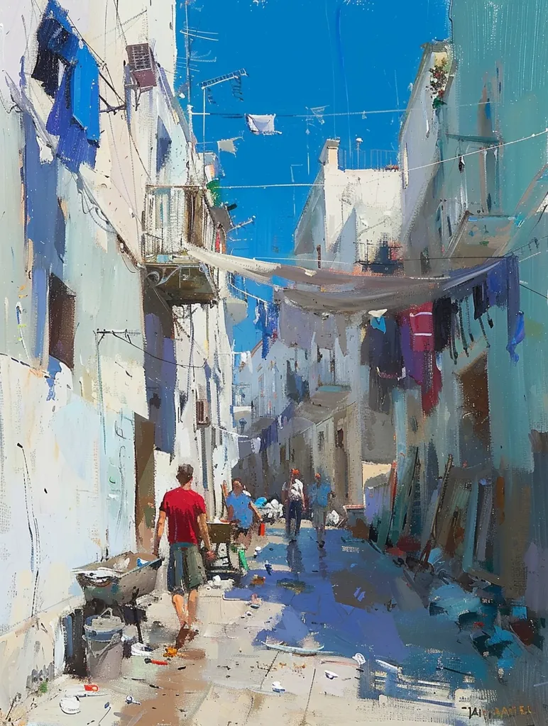 The painting depicts a narrow, sun-drenched alleyway in a Mediterranean town. Clothes hang from lines strung across the street, casting shadows on the whitewashed walls. A lone figure walks towards the viewer, with other people in the distance. The scene is captured in a vibrant, impressionistic style, with loose brushstrokes and a sense of movement. The overall impression is one of tranquility and everyday life in a picturesque setting.