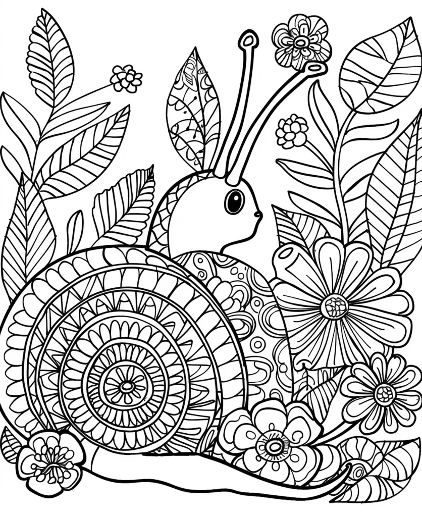 A snail with long antennae, detailed shell, and a cute face is nestled amongst a bed of elaborate, swirling flowers and leaves. The design is intricate, with many layers and textures, perfect for coloring.  The snail is positioned towards the right of the image, with its shell facing the left. The flowers surround the snail, adding a sense of peace and serenity to the scene.  The intricate details and delicate lines create a sense of calmness and wonder.