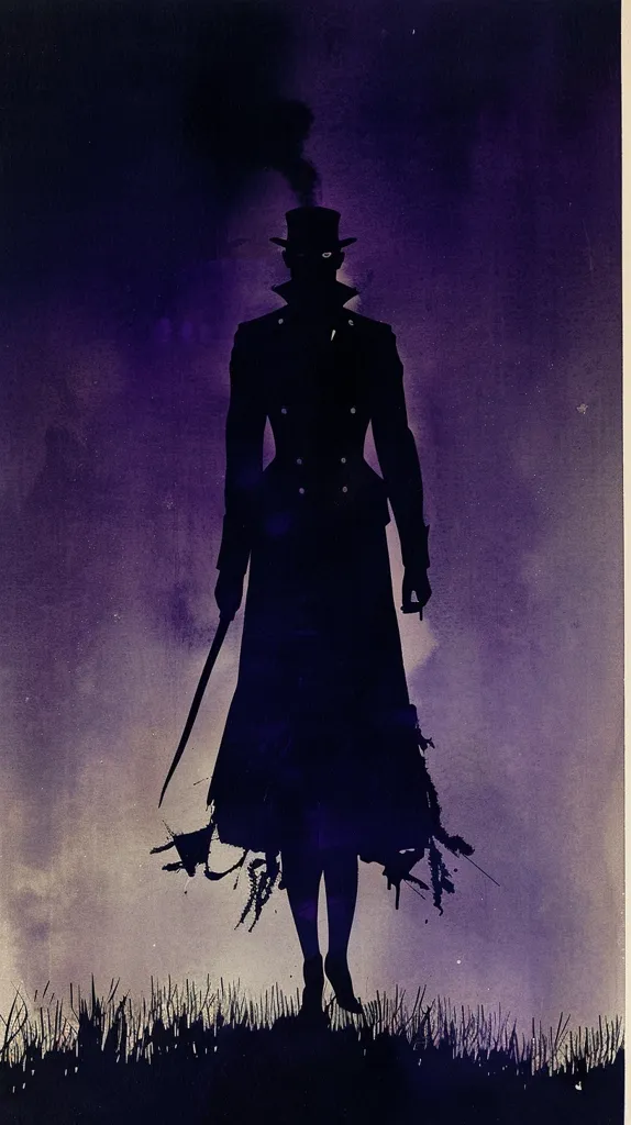 A shadowy figure in a top hat and long coat stands in a field of tall grass. The figure is outlined against a purple sky, which suggests a mysterious or ominous mood. The figure's face is obscured by the shadow of the hat, adding to the sense of mystery. The image appears to be a digital painting or illustration.