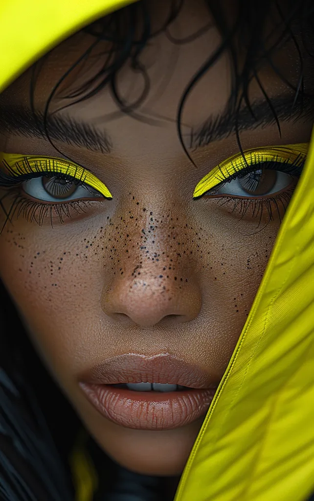 A close-up shot of a woman's face, her eyes framed by bright yellow eyeshadow, the upper part of her face covered by the yellow hood of a jacket. Her skin is freckled, her lips full and pouty. The image has a bold and dramatic feel.