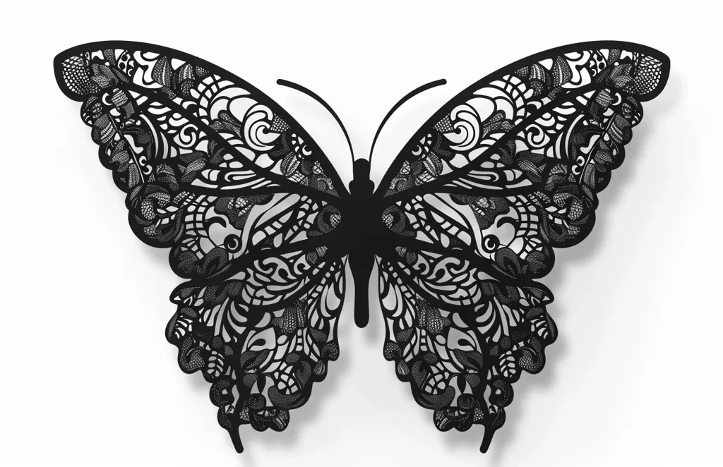 The image shows a black butterfly with intricate lace-like patterns on its wings. The butterfly is rendered in a simple, two-dimensional style, with sharp, clear lines defining its delicate design. The intricate details on the wings give the impression of a delicate and fragile creature, while the solid black color creates a sense of mystery and elegance. The butterfly is depicted against a stark white background, allowing its intricate patterns and elegant silhouette to stand out clearly.