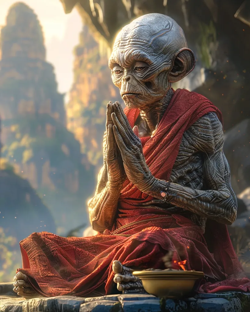 A gray-skinned, humanoid creature with large ears sits in a meditative pose in a red robe. Its hands are clasped together in front of its chest, and its eyes are closed. The creature is surrounded by a lush, green forest and a hazy background. A golden bowl sits in front of it, emitting a plume of smoke. The scene is peaceful and serene, conveying a sense of inner tranquility.