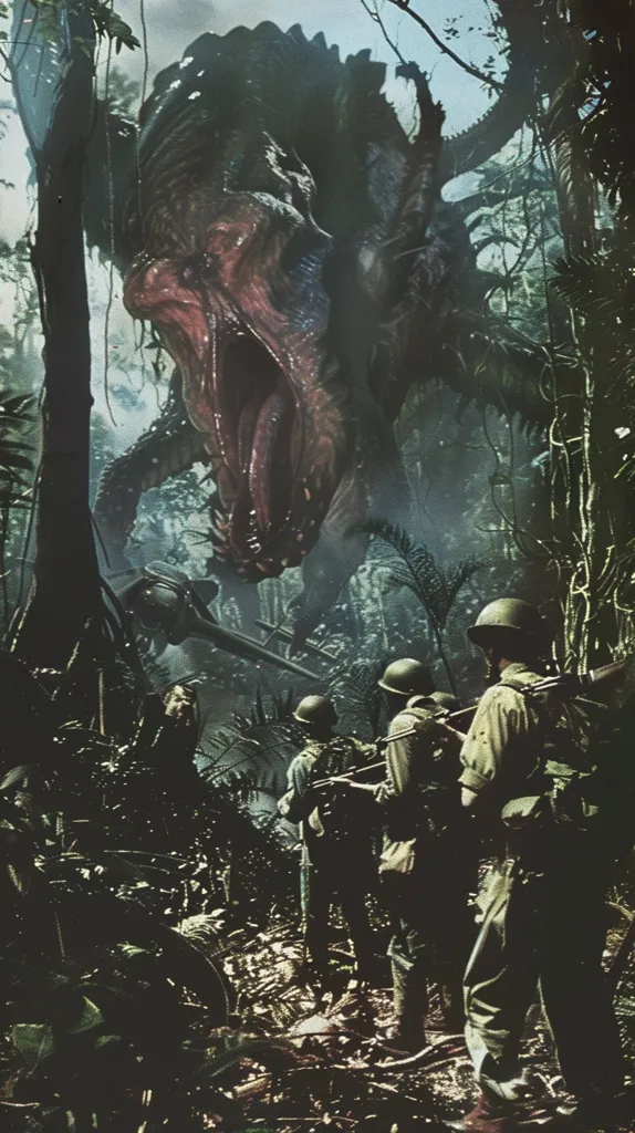 A large, monstrous creature with a gaping maw and sharp teeth stands in the center of a dense jungle, looming over a group of four soldiers. The soldiers, armed with rifles, are cautiously moving through the foliage, their faces hidden in shadow. The creature's imposing presence fills the scene with a sense of fear and danger. The dark, overgrown vegetation adds to the atmosphere of mystery and dread. The image evokes the classic monster movie trope of humans facing down a terrifying, unknown force in a remote and unforgiving environment.