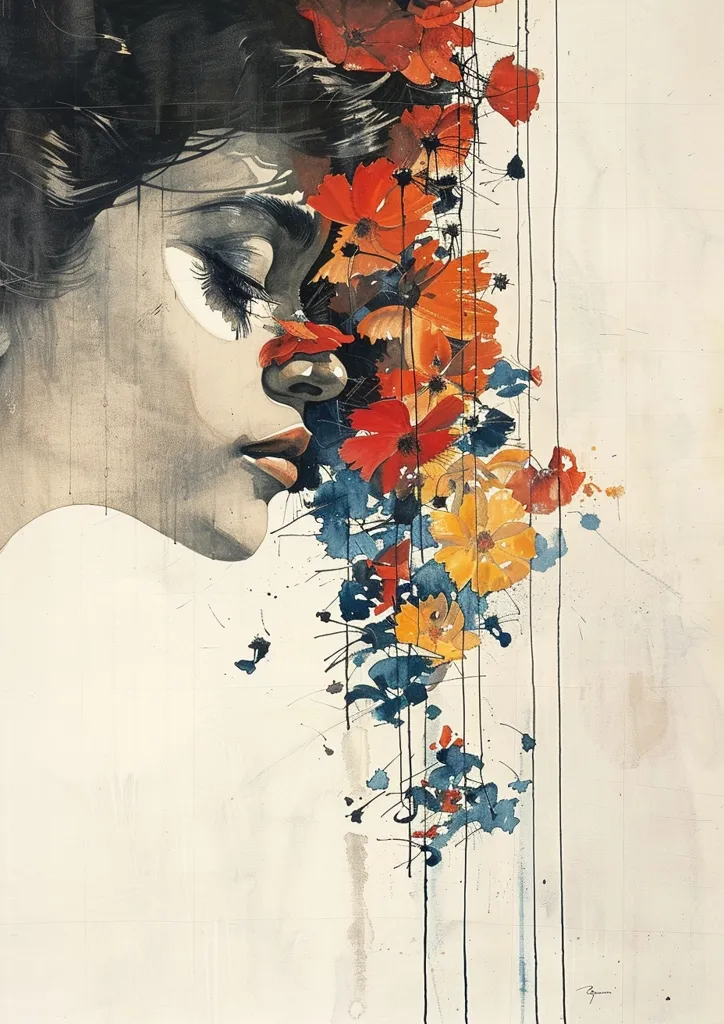 The abstract watercolor painting depicts a woman's face partially obscured by a cascade of red, yellow, and orange flowers. The flowers are painted with loose brushstrokes, giving them a sense of movement and energy. The background is a soft, muted white, creating a sense of calmness and serenity. The image evokes a feeling of beauty, fragility, and the passage of time.