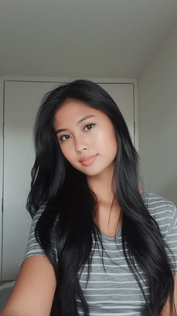 A young woman with long, straight black hair and fair skin is looking directly at the camera. She is wearing a gray and white striped t-shirt.  She has a light natural makeup look on.  The background is a plain white wall with a white door in the background. The lighting is soft and even.