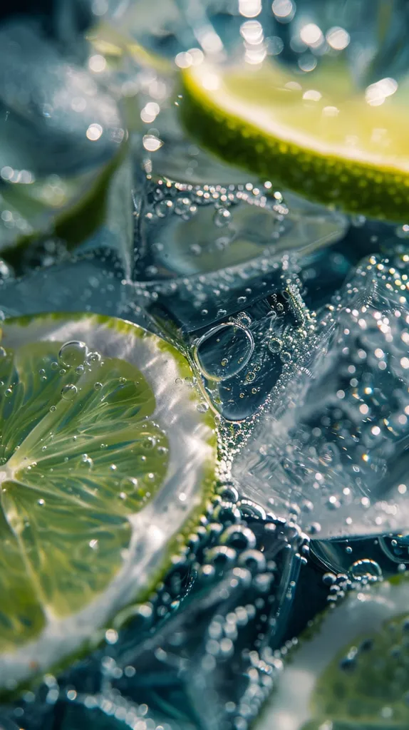 A close-up of a lime wedge submerged in a clear, bubbly liquid. The lime's green flesh is visible through the water, and air bubbles cling to its surface. The image is out of focus, creating a dreamy and refreshing atmosphere.  Light from an unknown source creates shimmering reflections within the liquid.  The image evokes a sense of cool refreshment.