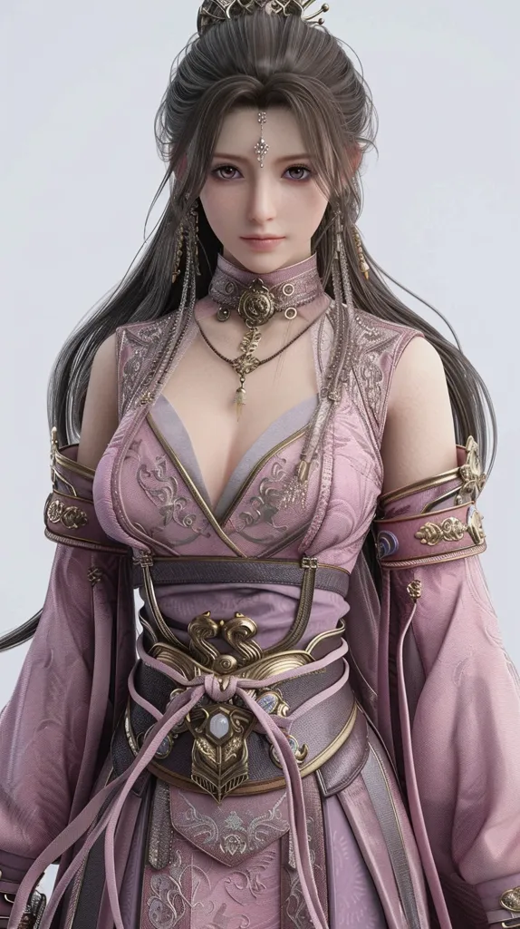 A woman with long dark hair, adorned with a jeweled headband, stares directly at the viewer. Her delicate features and soft pink lips create a captivating expression. She is dressed in a lavish, intricate outfit with a low-cut bodice and intricate embroidery, emphasizing her femininity. The elaborate gold and silver belt with a large gemstone centerpiece adds a touch of regality to her attire. The overall image conveys an air of elegance and grace, with a hint of mystical allure.