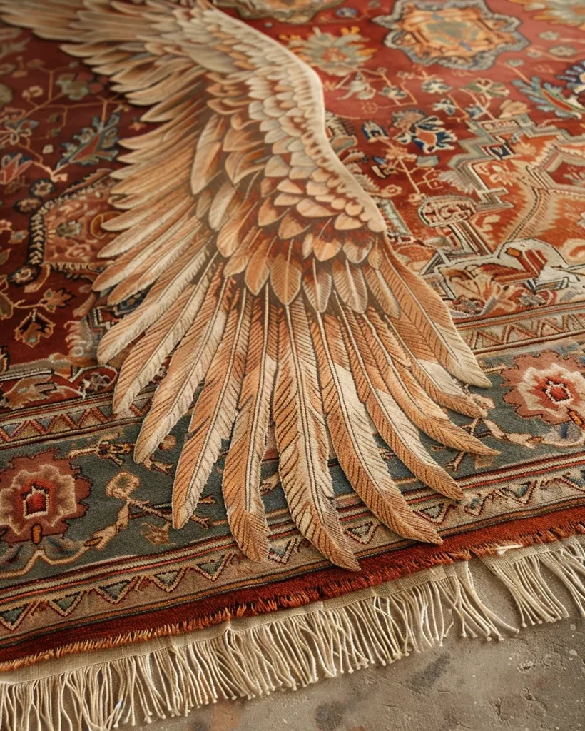 The image shows a close-up of a rug with a patterned design. The rug is made of a soft material with a fringe around the edges. The design of the rug features intricate patterns and shapes. The most prominent feature of the rug is a large, intricately woven depiction of a bird's wing, which appears to be made of feathers. The wing is positioned on the upper right-hand side of the rug, and it appears to be spreading out, as if the bird is about to take flight. The rug is likely meant to be displayed on a floor or wall, and it would likely add a touch of elegance and sophistication to any room.