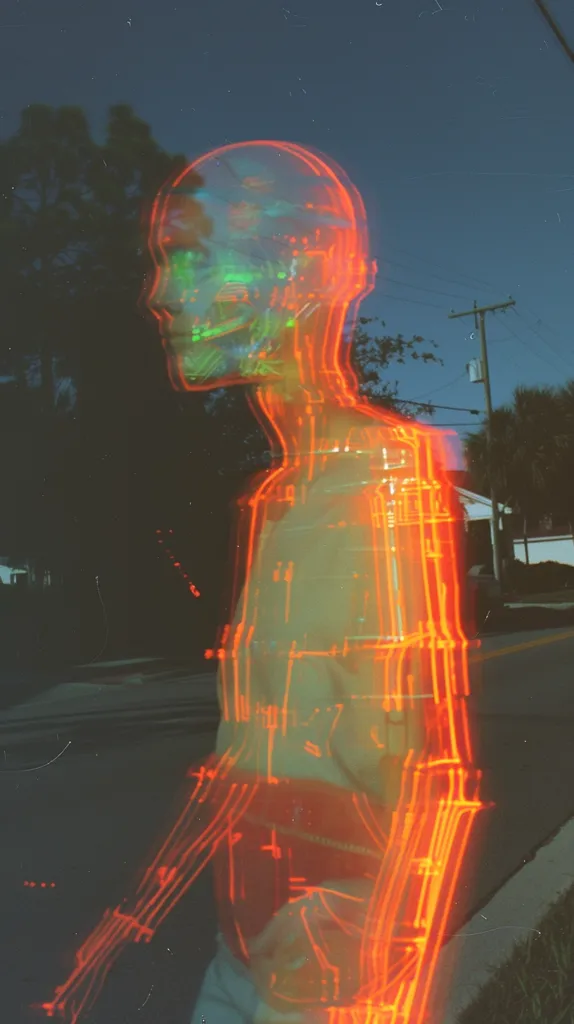 The image shows a blurry, glowing figure with a humanoid shape, outlined in orange light. The figure stands in front of a dark background with a faint silhouette of trees and a street in the distance. The figure's face is partially obscured by the glowing light, creating a sense of mystery and intrigue. The image has a grainy, nostalgic aesthetic, suggesting it was taken on a vintage camera or edited to emulate that style. The overall mood is atmospheric and otherworldly.