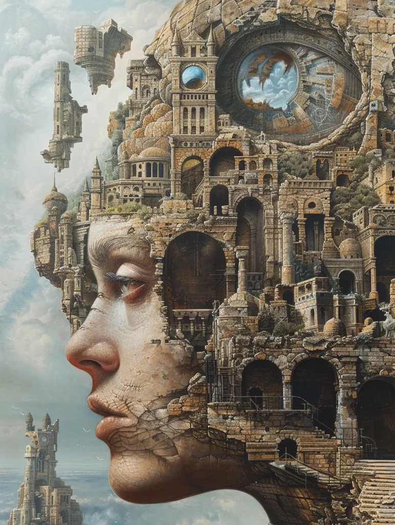 A surreal painting depicts a woman's face as a crumbling city, with buildings and structures emerging from her skin.  The woman's face is weathered, and her eye is an open window to a sky. An unfinished tower in the foreground suggests further construction. The painting presents a sense of both beauty and decay, highlighting the impermanence of time and the passage of civilization.