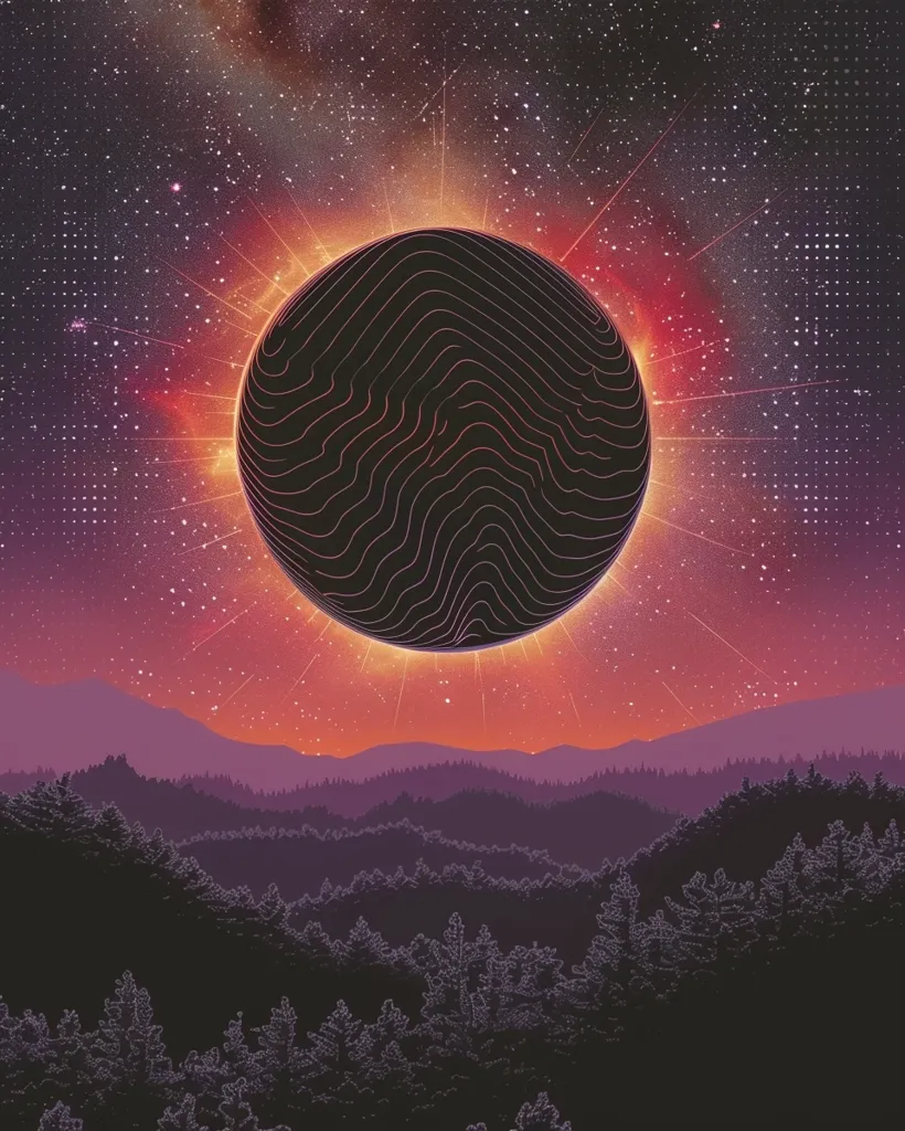 A large, black sphere with intricate, wavy lines covers the sun, creating a solar eclipse. The sky is a gradient of pink and red, dotted with white stars, radiating from the eclipse. Below, a silhouette of a forest sits on a horizon of distant mountains. The scene is mystical and ethereal.