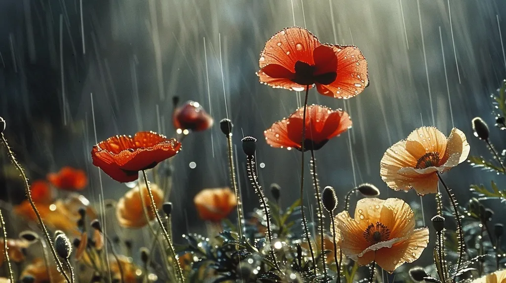 A field of poppies in full bloom are being rained on. The red petals are covered in water droplets, and the sunlight shines through the rain, creating a magical effect. The flowers are in the foreground, with the blurred background creating a sense of depth. The image evokes a sense of peace and tranquility.