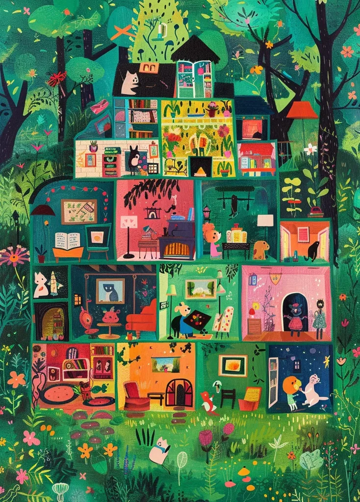 A whimsical illustration depicts a multi-story house nestled in a lush green forest. The house is a colorful mix of rooms, each with unique details and characters. There are cats, dogs, birds, and other creatures enjoying their day inside the home. The vibrant colors and playful details create a charming and enchanting scene.