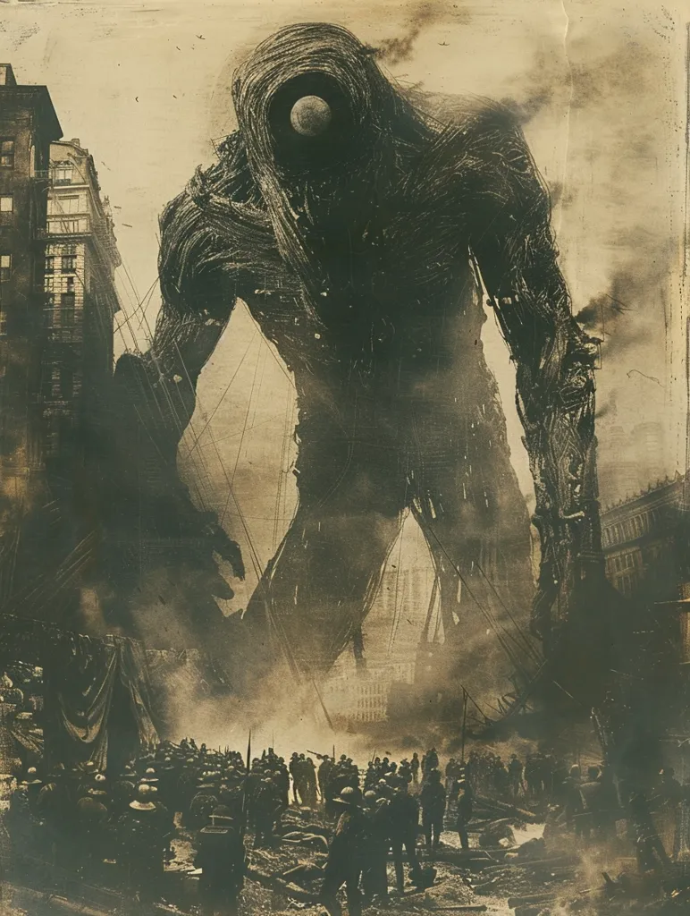 The image depicts a colossal, shadowy figure towering over a city. The figure is made of swirling, organic shapes, suggesting a creature of immense power. Its single eye glows ominously in the center of its face. Below, a crowd of tiny figures gathers, their faces turned upward in a mixture of fear and awe, as the towering presence looms above them. The sepia tones and faded textures create a sense of old-world mystery and impending doom.
