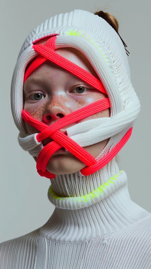 A person wearing a white knit turtleneck sweater with a white knitted mask over their face. The mask is held together by bright pink straps that cross over the person's mouth and nose. There are hints of yellow on the edge of the knitted turtleneck. The person's eyes are visible above the straps.  The background is plain gray. The overall tone is of a mysterious and futuristic look.