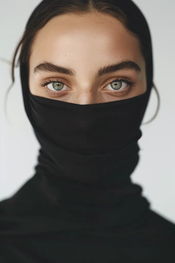 A woman with dark hair and defined eyebrows wears a black turtleneck that covers her face, only revealing her bright green eyes. The stark contrast between her skin and the black fabric creates a dramatic and mysterious effect. The background is a simple white, emphasizing the woman's features.